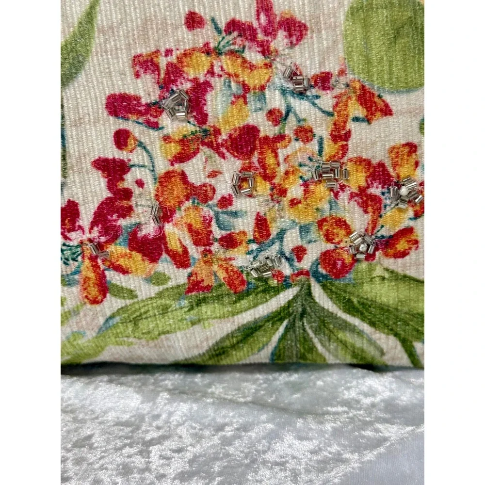 Primrose Vintage Floral Butterfly Beaded Fringed Throw Pillow Yellow Multicolor